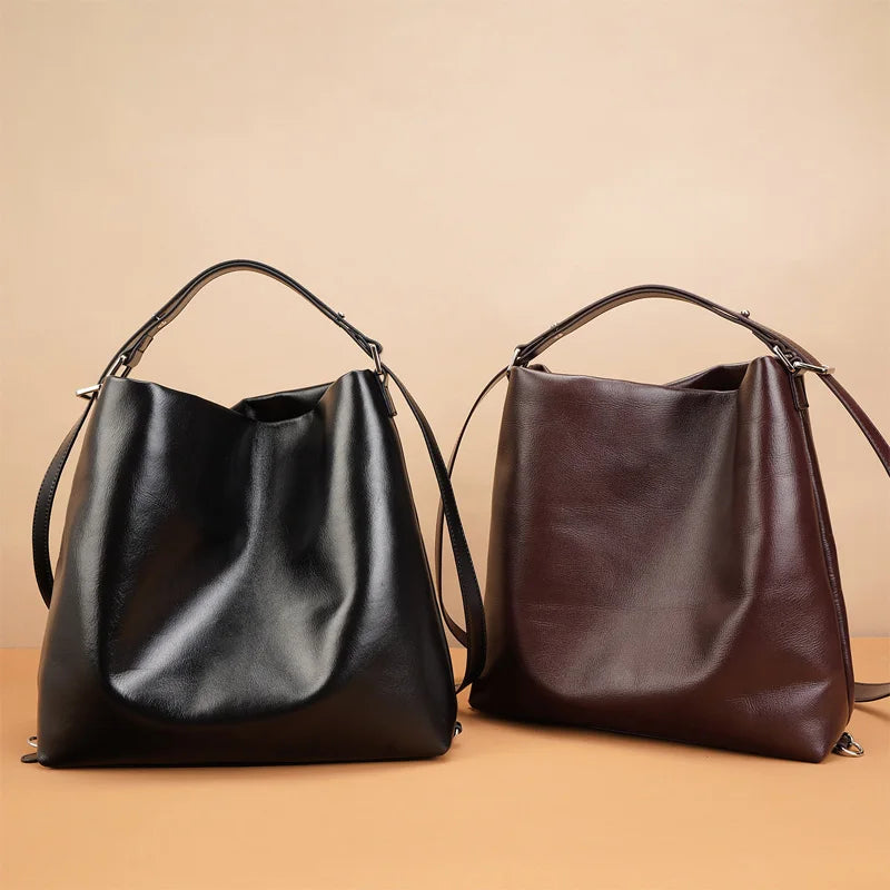 Women's Multifunctional Genuine Leather Bucket Tote Bag - Versatile Shoulder Messenger for Shopping & Commuting