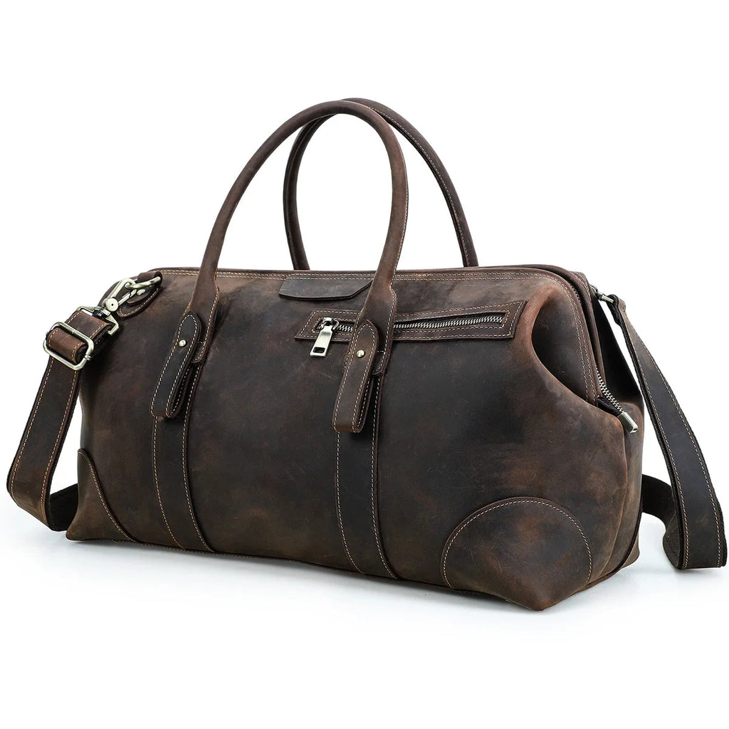 Men's Genuine Leather Duffel Bag - Large Capacity Weekend Travel Gym Bag with Laptop Compartment