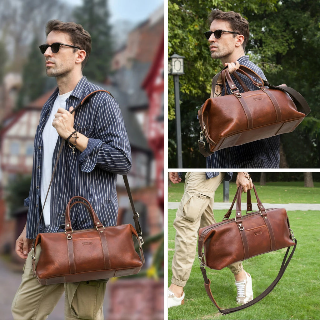 Men's Genuine Leather Travel Tote Bag - Luxury Designer Crossbody Luggage Organizer with Laptop Compartment