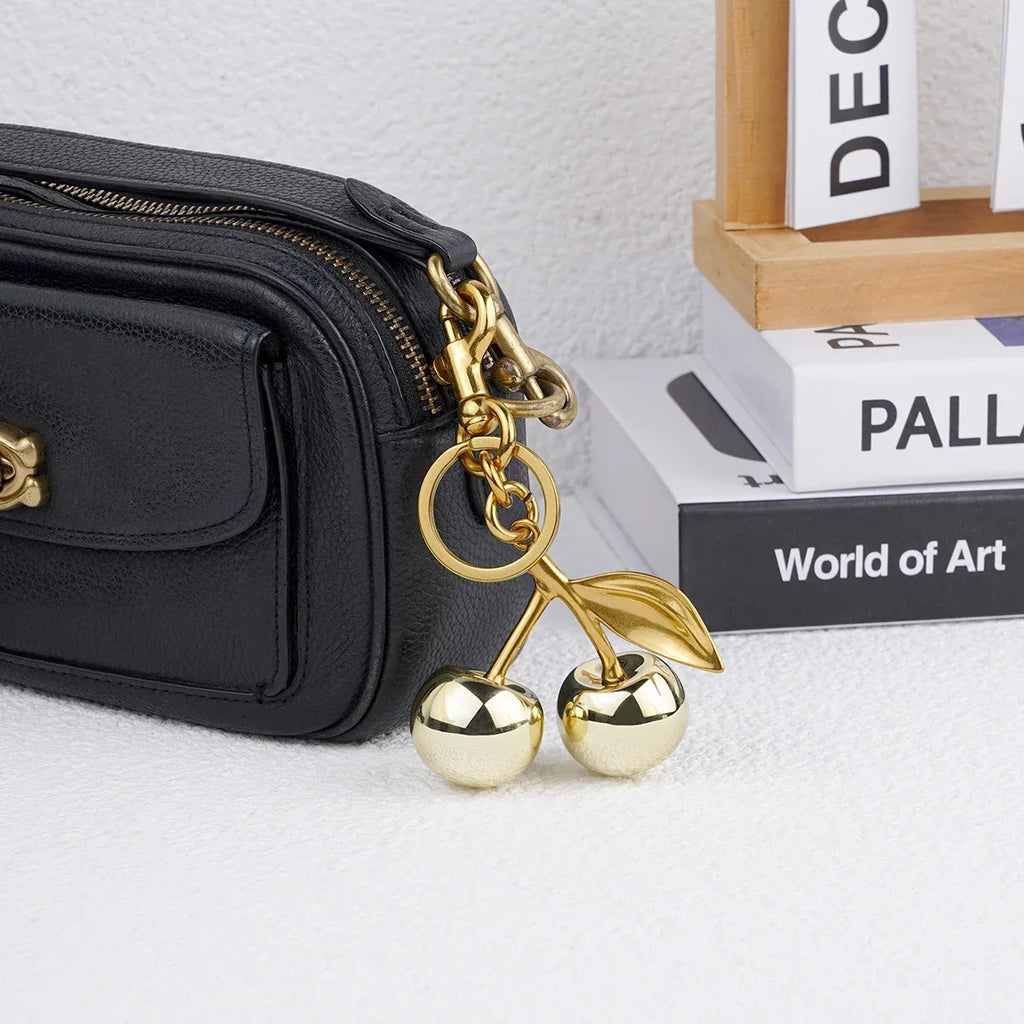 Golden Crystal Cherry Pendant - Luxury Handbag Keychain Charm