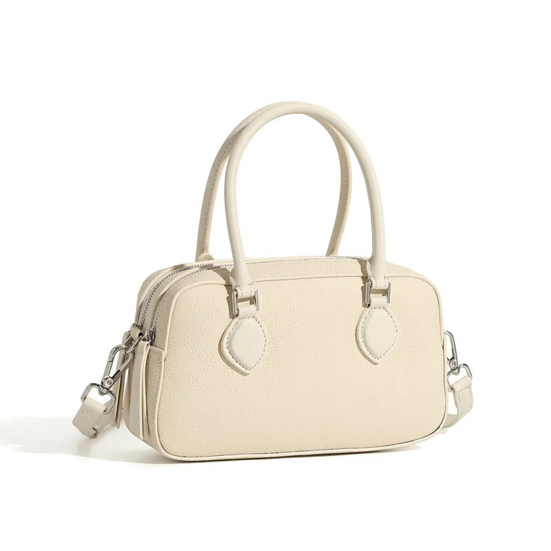 Women's mini genuine leather pillow bag in beige white — Boston crossbody shoulder handbag