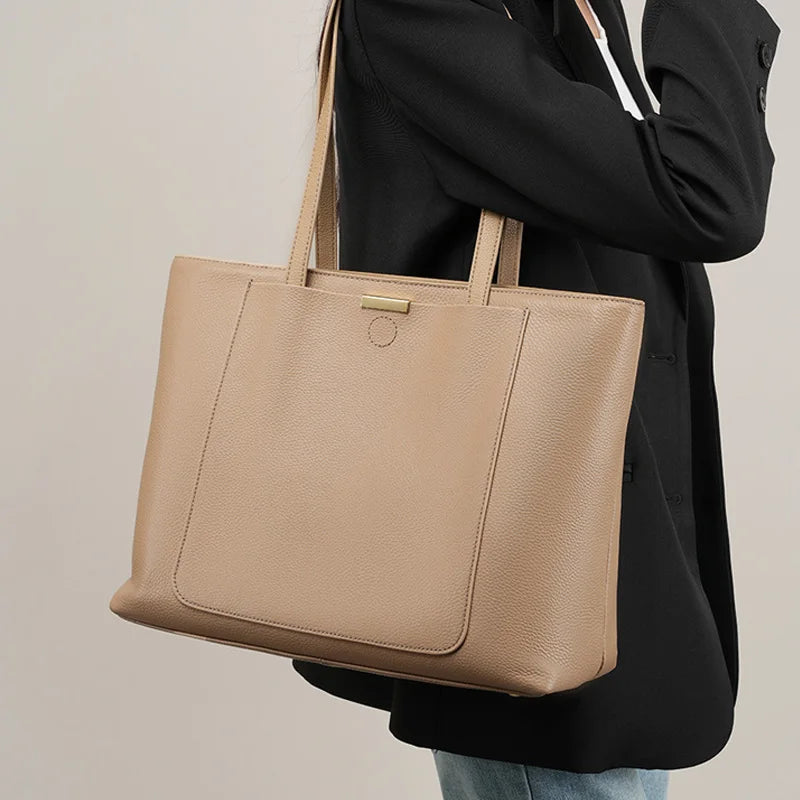 Women's Luxury Genuine Leather Large Tote Bag - Square Shoulder Handbag for Commuting