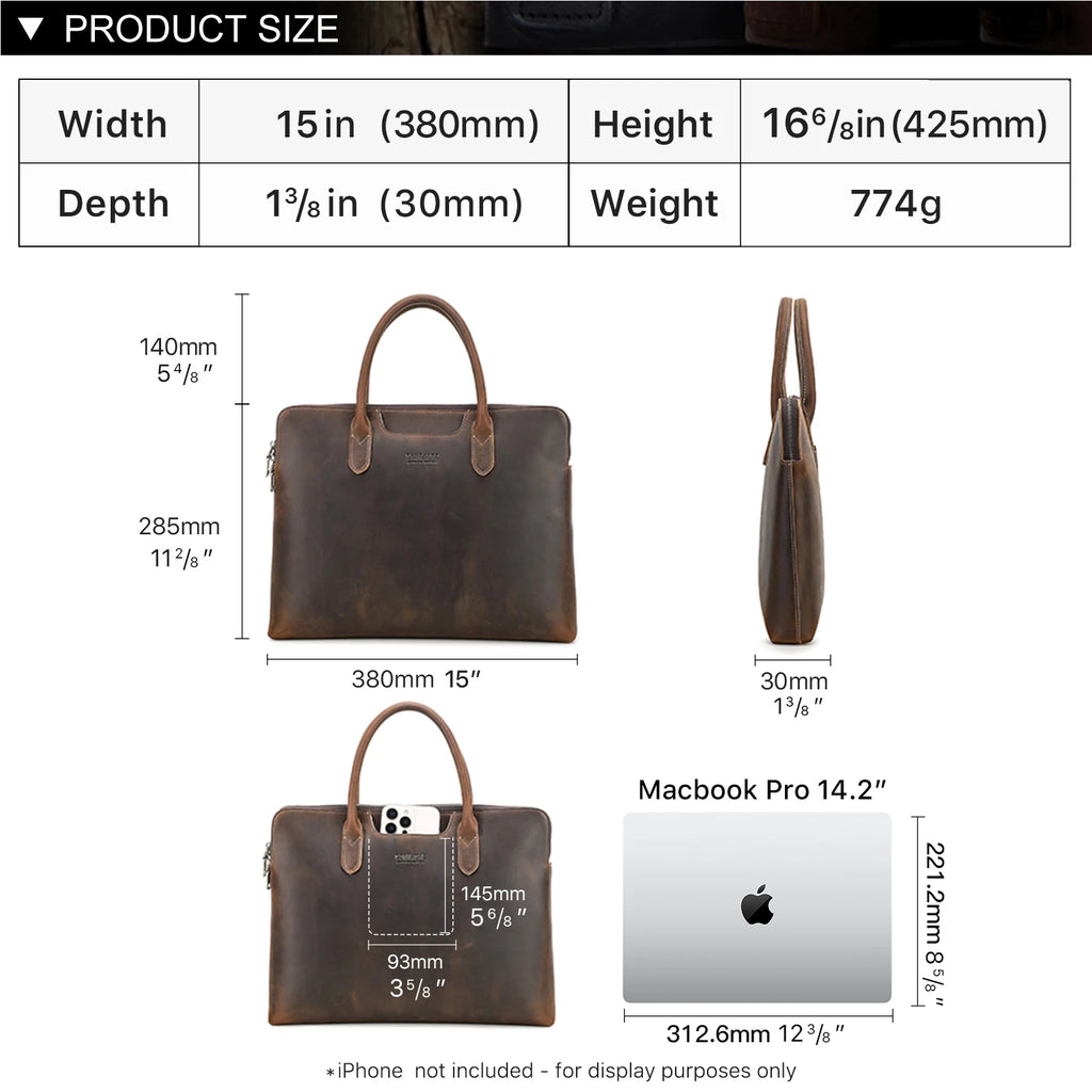 Premium Genuine Leather Business Briefcase - Men's Laptop Tote Bag for 14.2" MacBook