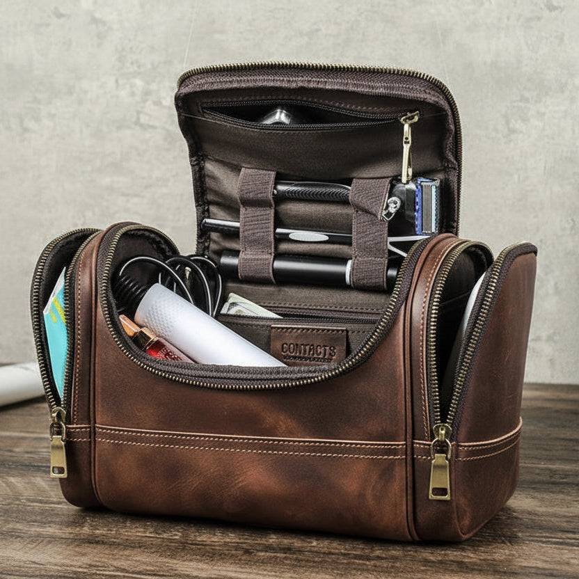 Premium Genuine Leather Toiletry Bag for Men - Designer Travel Cosmetic Organizer with Top Handle