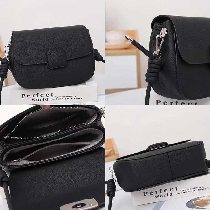 Women's Genuine Leather Vintage Flap Bag - Elegant Square Crossbody Shoulder Messenger Handbag
