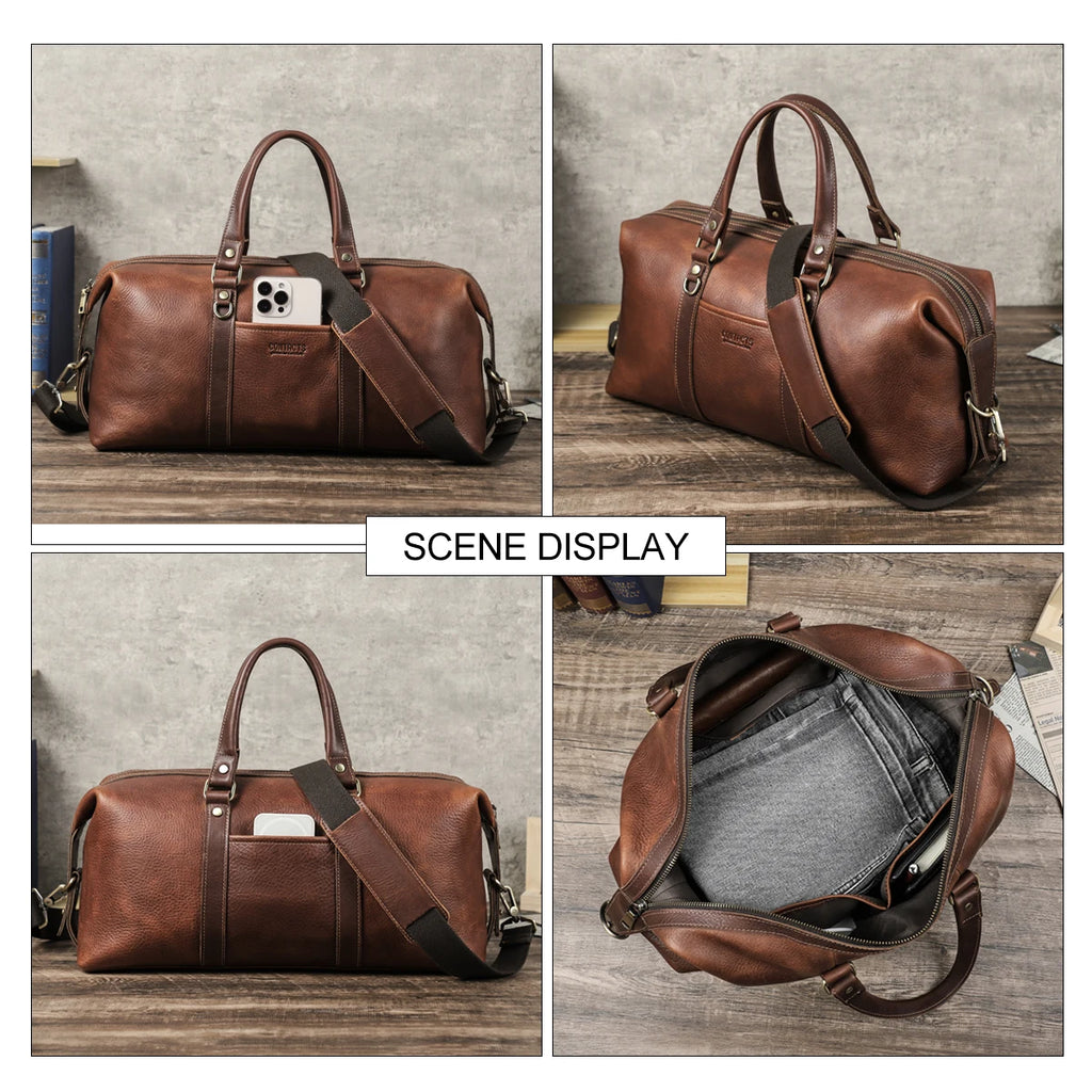 Men's Genuine Leather Travel Tote Bag - Luxury Designer Crossbody Luggage Organizer with Laptop Compartment