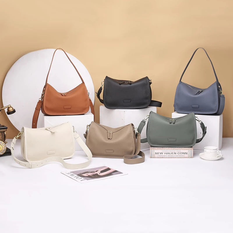 Women's Genuine Leather Boston Bag - Versatile Underarm Shoulder Messenger Handbag