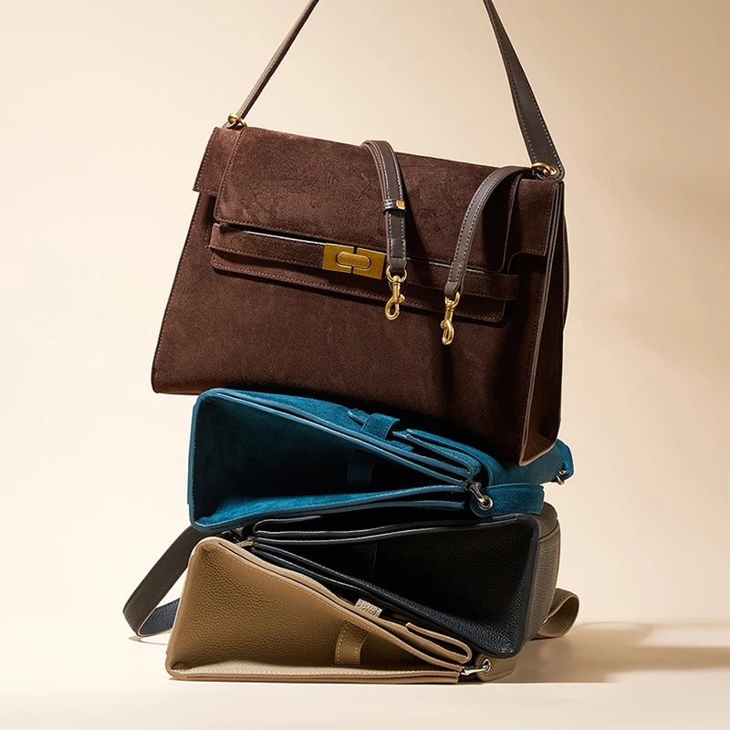 Vintage Suede Leather Shoulder Bag - Spacious Underarm Tote Crossbody