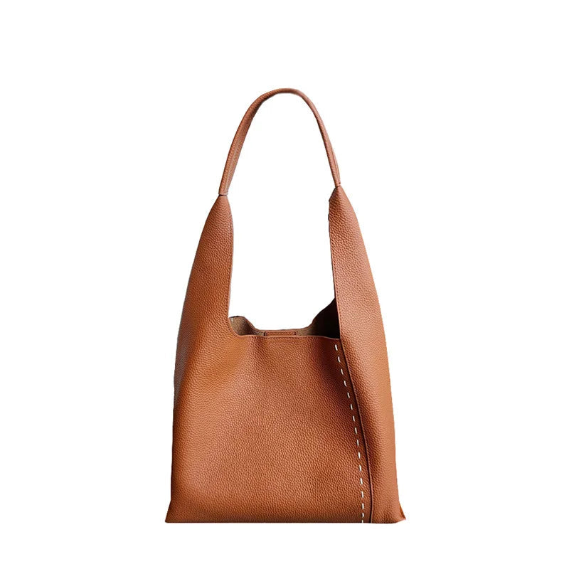 Women's Luxury Togo Leather Bucket Tote Bag - Large Capacity Soft Cowhide Shoulder Handbag with Pouch