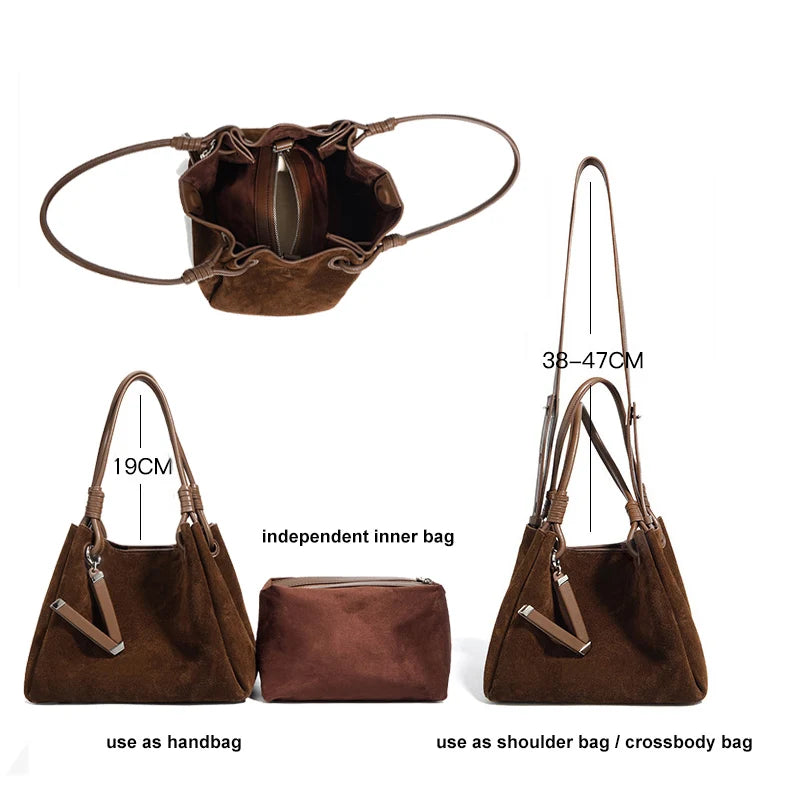 P064 - Women's Suede Basket Tote Bag - Frosted Leather Crossbody | Carry-Work