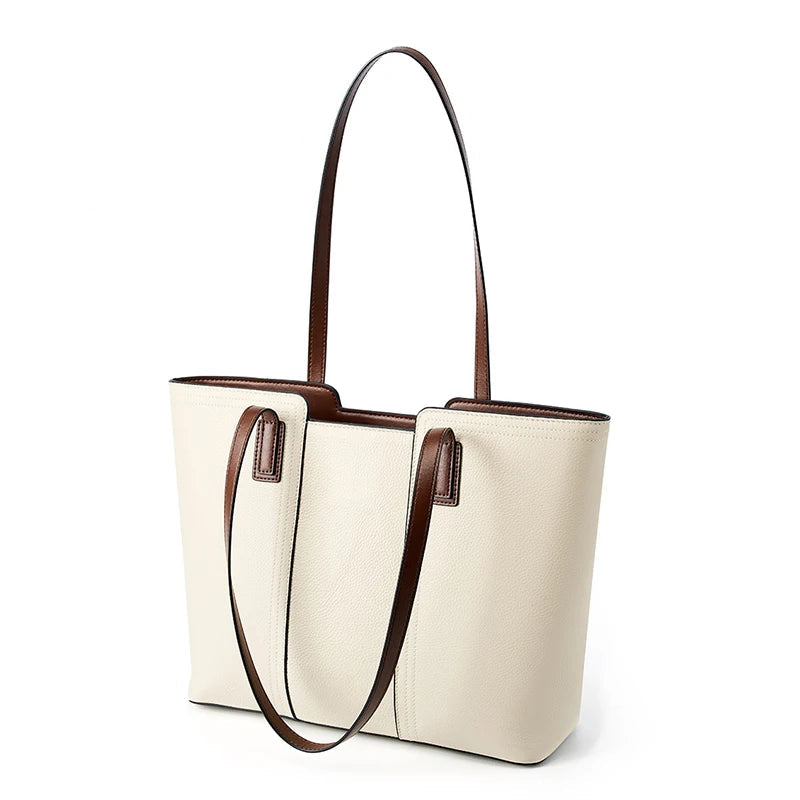 Women's Large Capacity Leather Tote Bag - Luxury Cowhide Shoulder Handbag with Laptop Compartment
