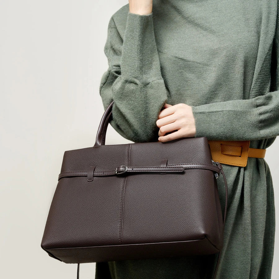 Leather Shoulder Handbag - Coffee - Carry-Work - P113