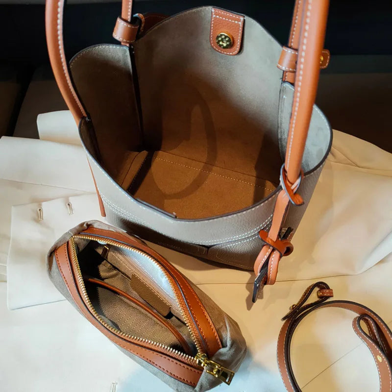 Women's Genuine Leather Patchwork Bucket Bag - Fashion Shoulder Messenger Handbag