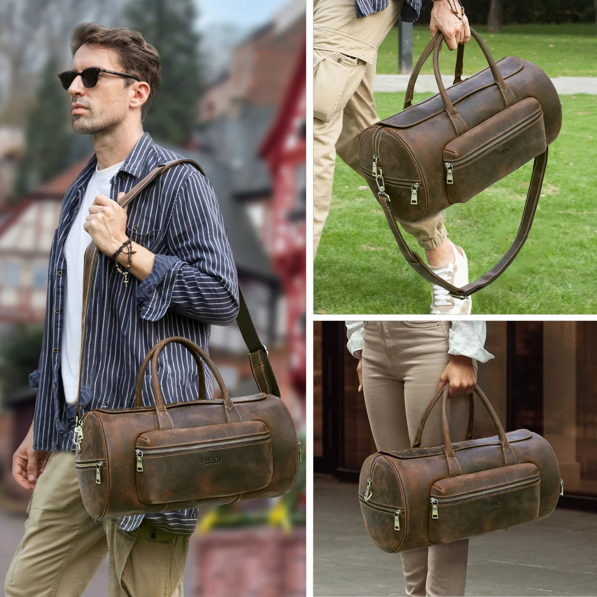 P038 - Men's Crazy Horse Leather Travel Tote Bag - Vintage Crossbody Shoulder Luggage Bag