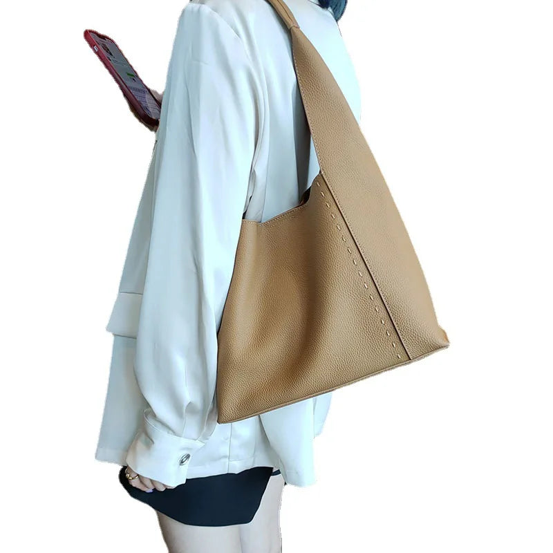 Women's Luxury Togo Leather Bucket Tote Bag - Large Capacity Soft Cowhide Shoulder Handbag with Pouch