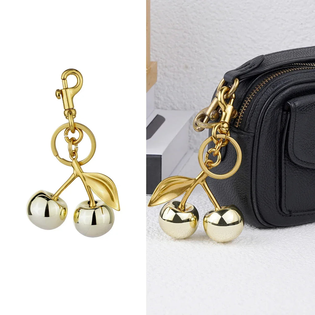 Golden Crystal Cherry Pendant - Luxury Handbag Keychain Charm