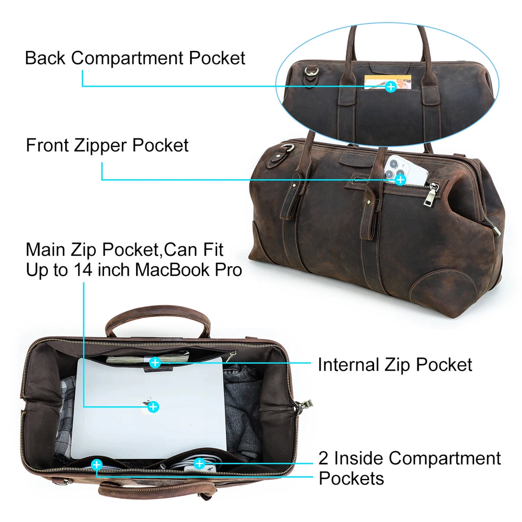 Men's Genuine Leather Duffel Bag - Large Capacity Weekend Travel Gym Bag with Laptop Compartment