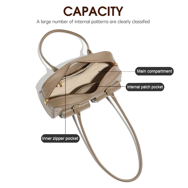 Genuine Leather Retro Bowling Bag - Women's Shoulder Boston Bag