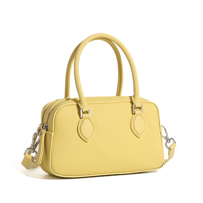Women's mini genuine leather pillow bag in yellow — Boston crossbody shoulder handbag 22.5x7.5x13cm