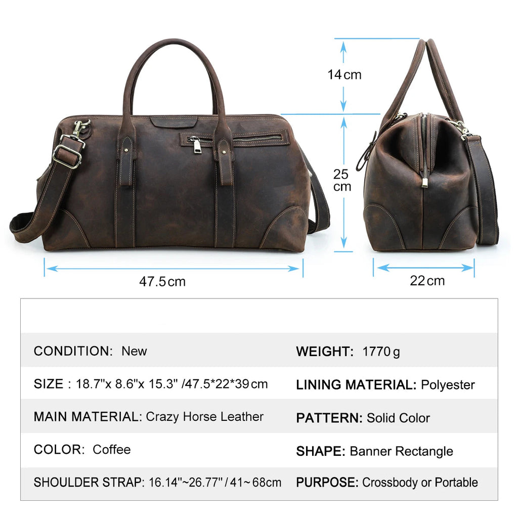 Men's Genuine Leather Duffel Bag - Large Capacity Weekend Travel Gym Bag with Laptop Compartment