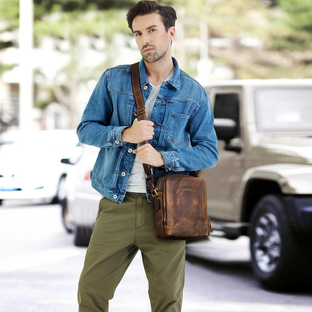 P031 - Genuine Leather Men's Messenger Bag - Vintage Crossbody Shoulder Bag for iPad Mini 7.9"