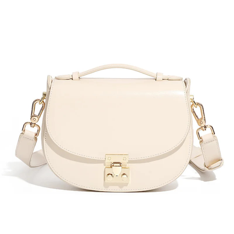 Women's buckle saddle bag in beige white — retro crossbody shoulder handbag