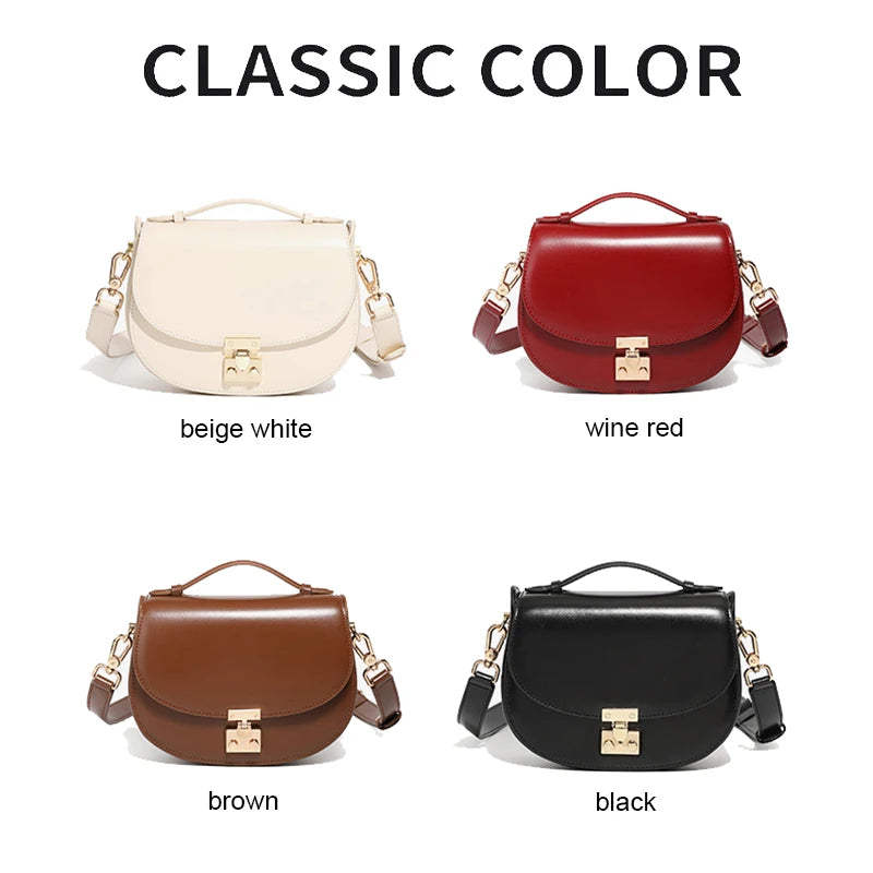 Women's buckle saddle bag — available in 4 colors: wine red, caramel, black, beige white — gold hardware crossbody bag