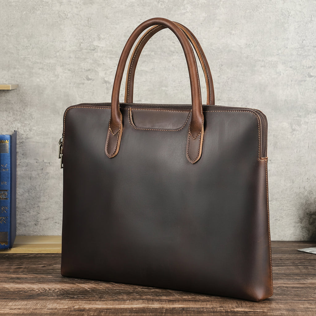 Premium Genuine Leather Business Briefcase - Men's Laptop Tote Bag for 14.2" MacBook