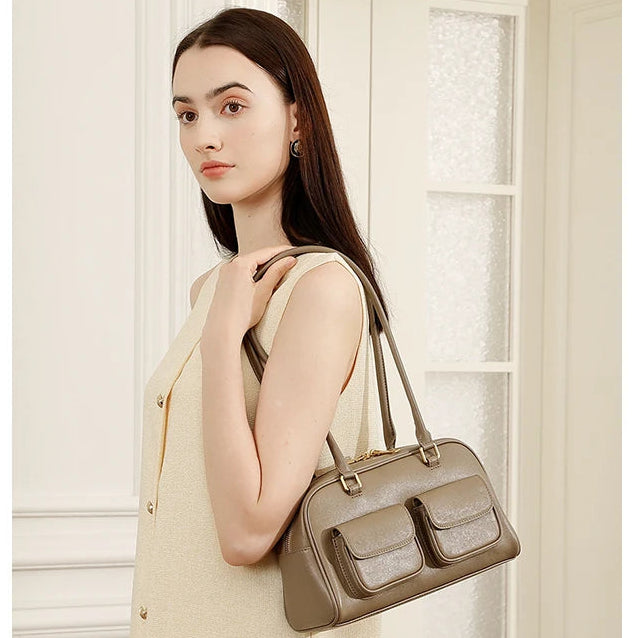 Genuine Leather Retro Bowling Bag - Women's Shoulder Boston Bag