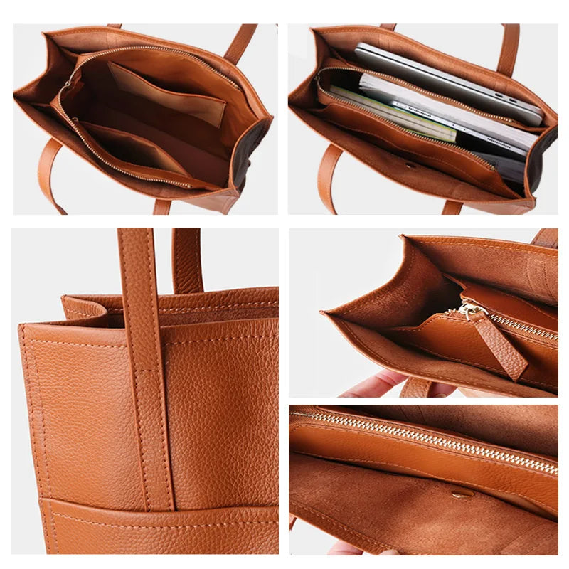 Luxury Cowhide Leather Tote Bag - Women's Laptop Briefcase & Commuter Shoulder Bag