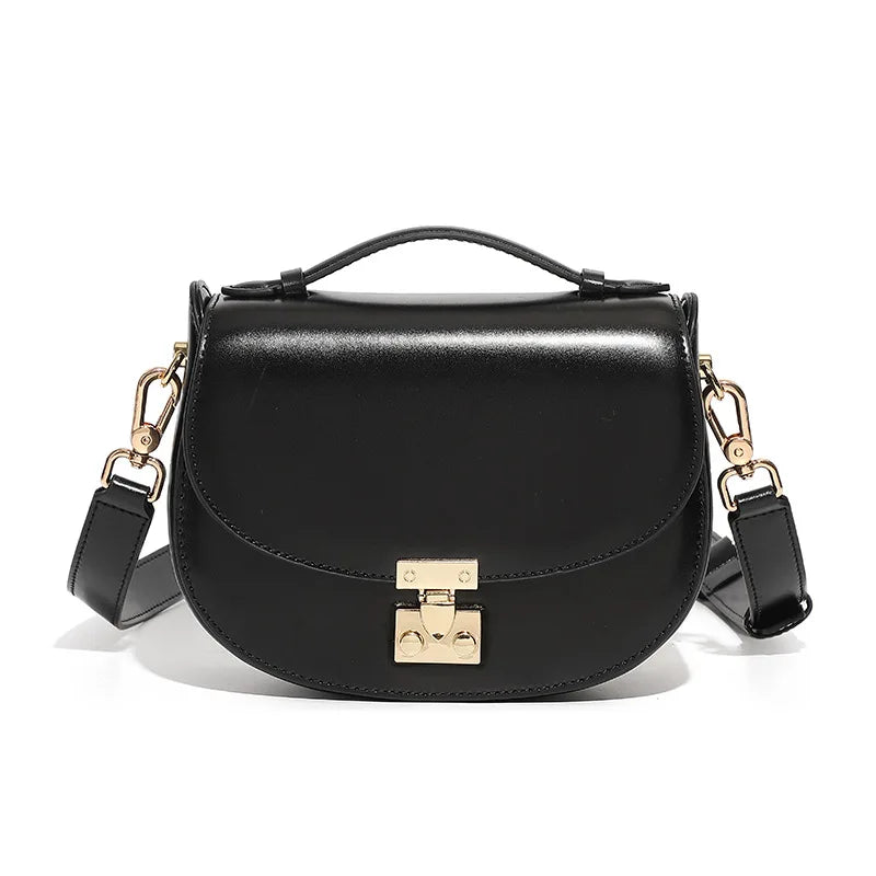Women's buckle saddle bag in black — retro crossbody shoulder handbag