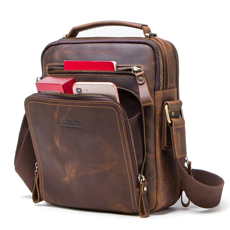 P047 - Vintage Crazy Horse Leather Messenger Bag - Men's Crossbody Shoulder Bag with Sling Strap