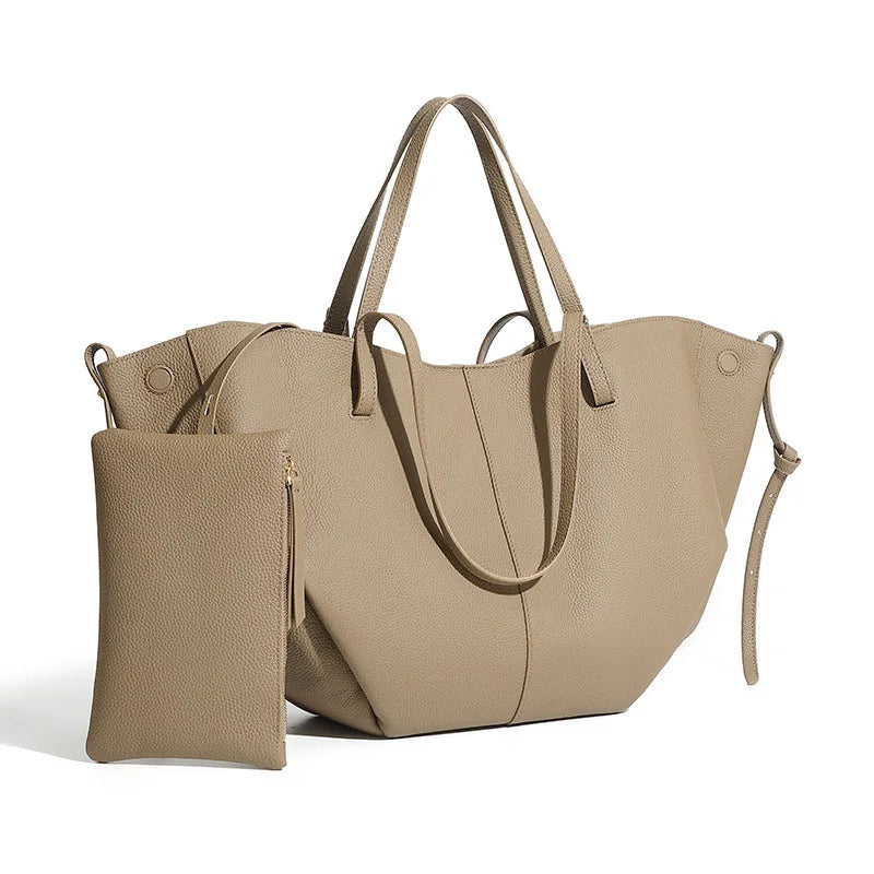 Women's Top Grain Leather Spacious Tote Bag - Minimalist Convertible Market Shopping Handbag