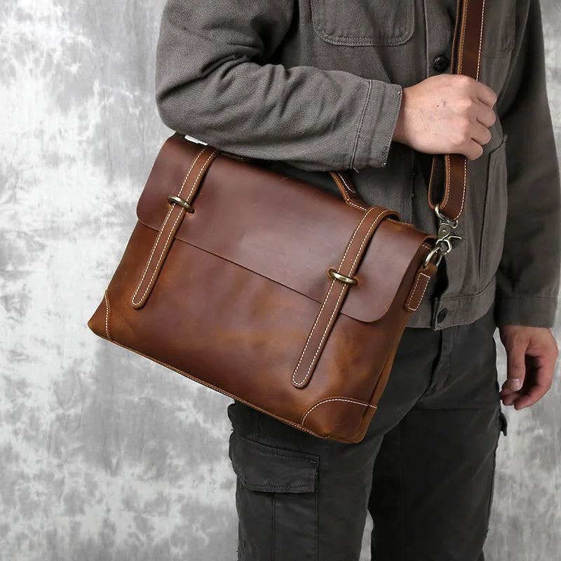 Vintage Leather Satchel - Premium Cowhide Messenger Bag for Men