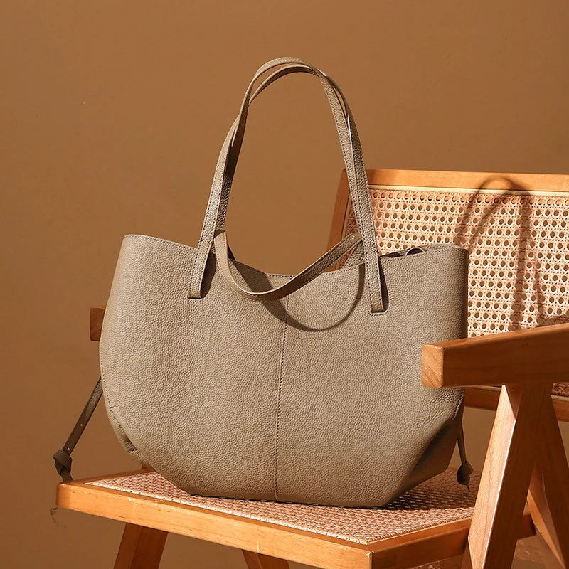 Women's Top Grain Leather Spacious Tote Bag - Minimalist Convertible Market Shopping Handbag