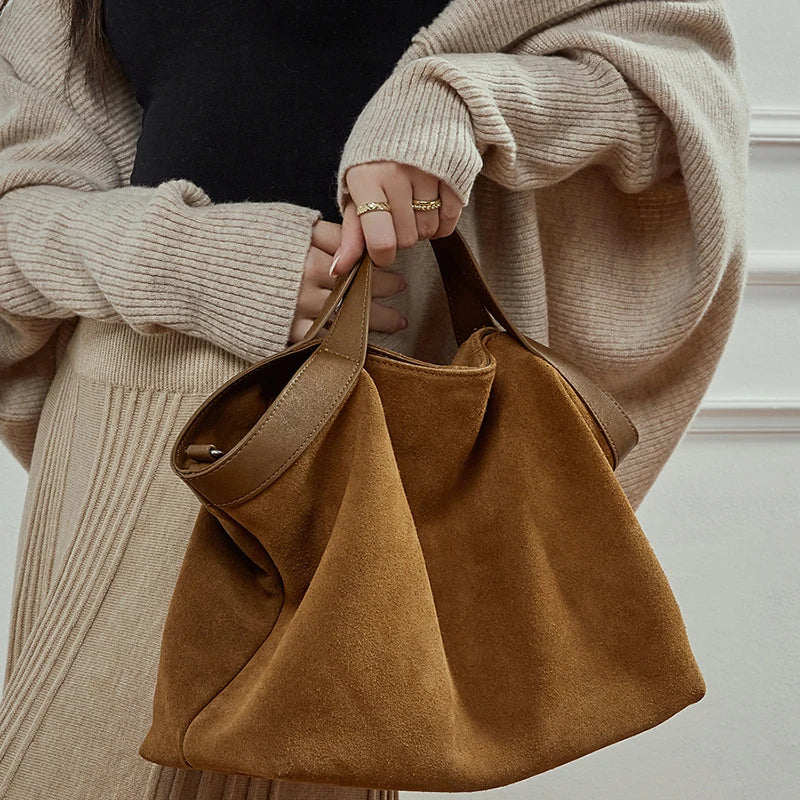 Women's Vintage Suede Tote Bag - Brown - Carry-Work - P114