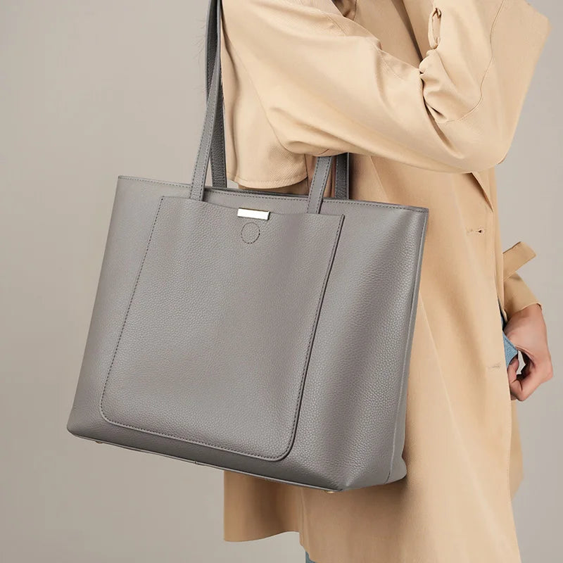 Women's Luxury Genuine Leather Large Tote Bag - Square Shoulder Handbag for Commuting
