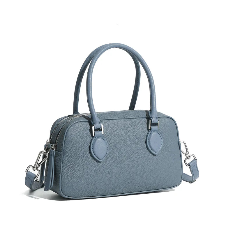 Women's mini genuine leather pillow bag in blue — Boston crossbody shoulder handbag