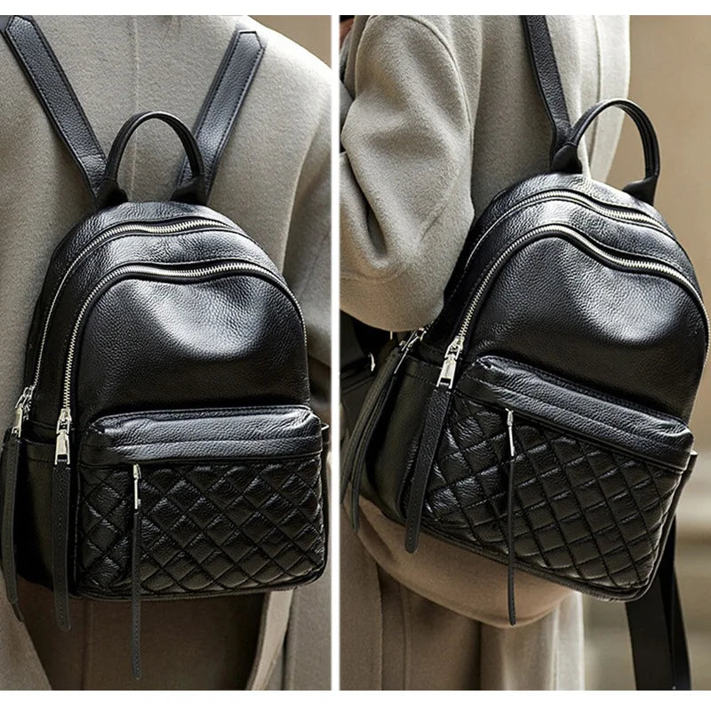 Women's Genuine Leather Diamond Quilted Backpack - Large Capacity Fashion Shoulder Bag for Commuting & Travel