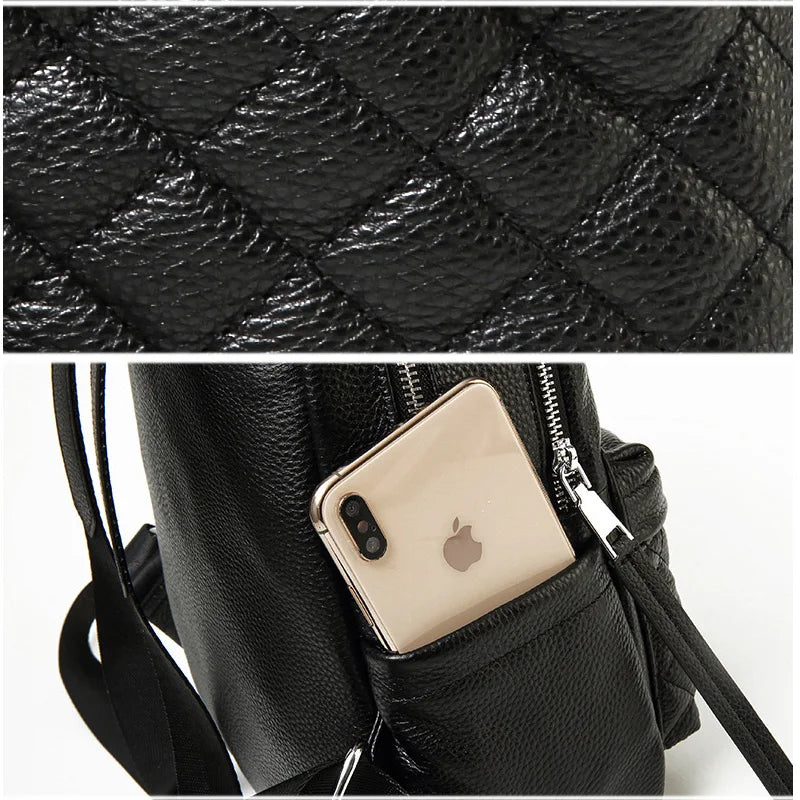 Women's Genuine Leather Diamond Quilted Backpack - Large Capacity Fashion Shoulder Bag for Commuting & Travel