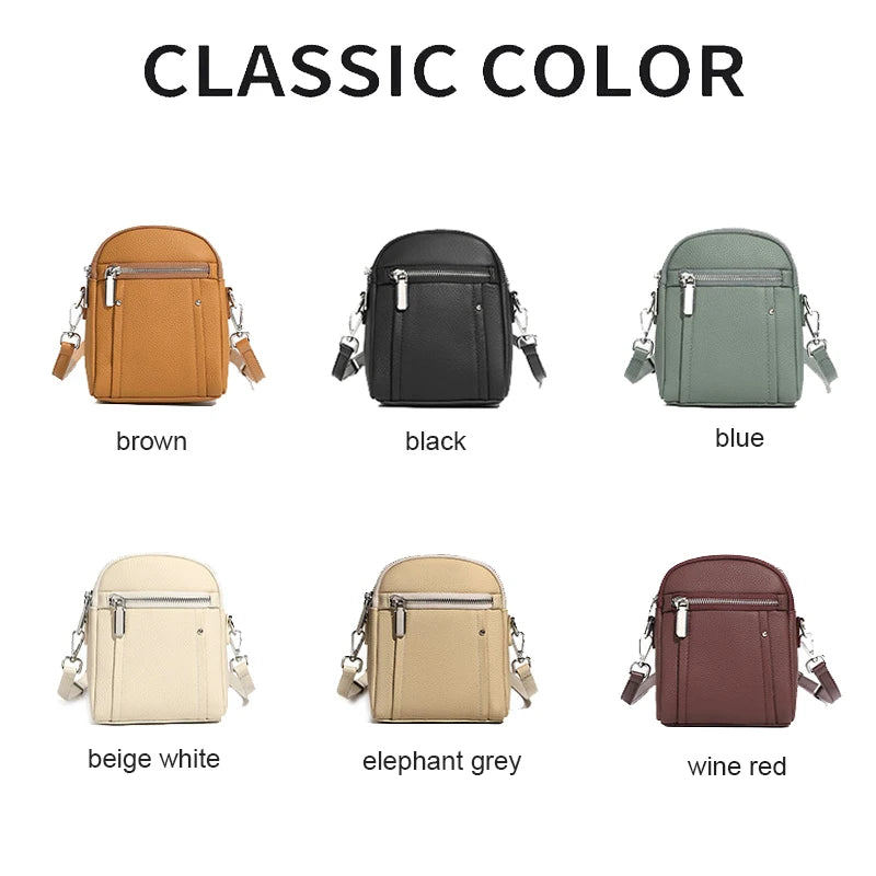Women's mini genuine leather crossbody bag — available in 6 colors: black, beige white, brown, blue, elephant grey, wine red
