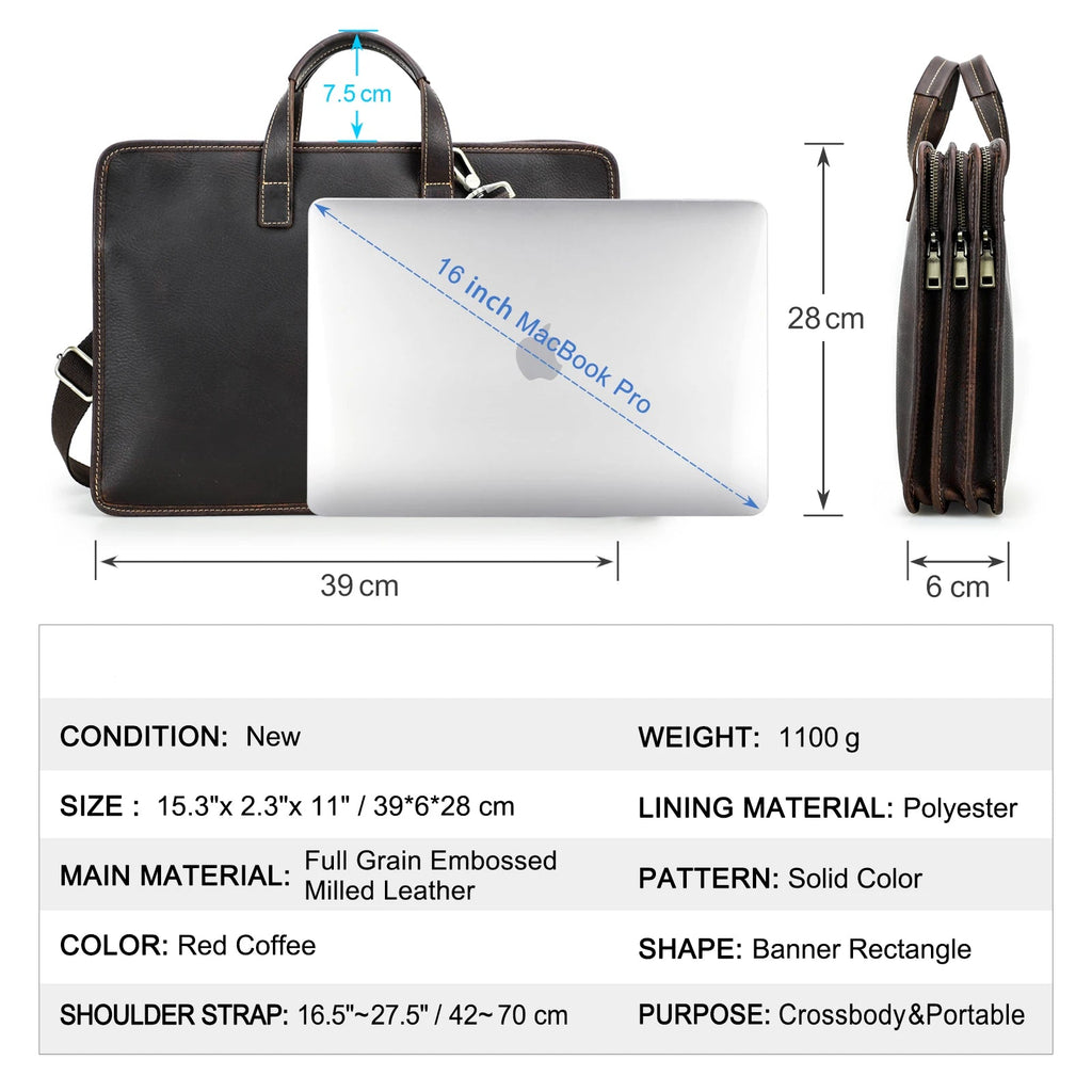 Genuine Leather Briefcase - Men's Business Laptop Bag for 16" Macbook