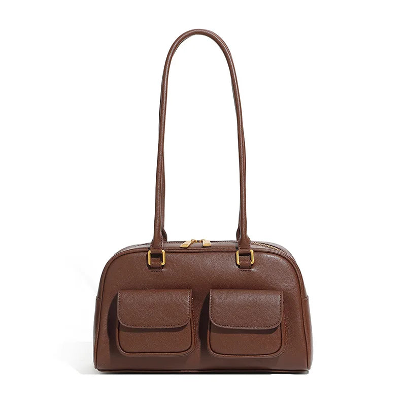 Genuine Leather Retro Bowling Bag - Women's Shoulder Boston Bag