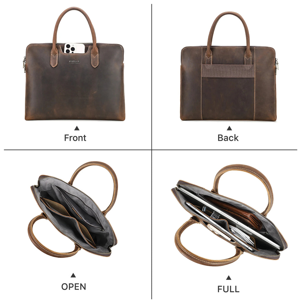 Premium Genuine Leather Business Briefcase - Men's Laptop Tote Bag for 14.2" MacBook