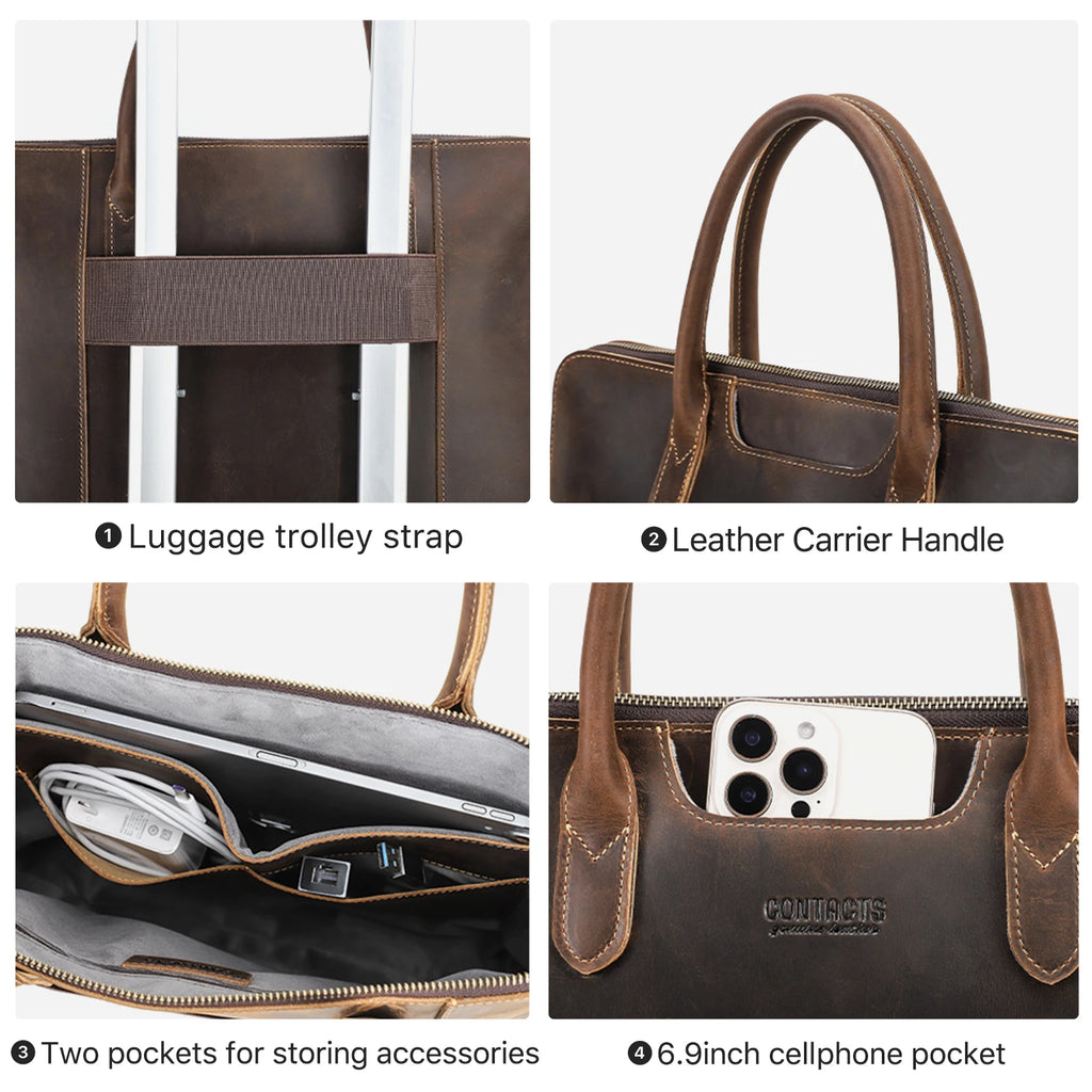 Premium Genuine Leather Business Briefcase - Men's Laptop Tote Bag for 14.2" MacBook