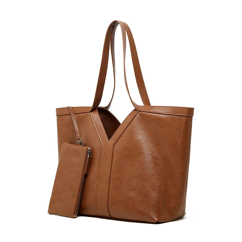 Women's Large Capacity Genuine Tanned Leather Tote Bag - Korean Style Underarm Shoulder Handbag