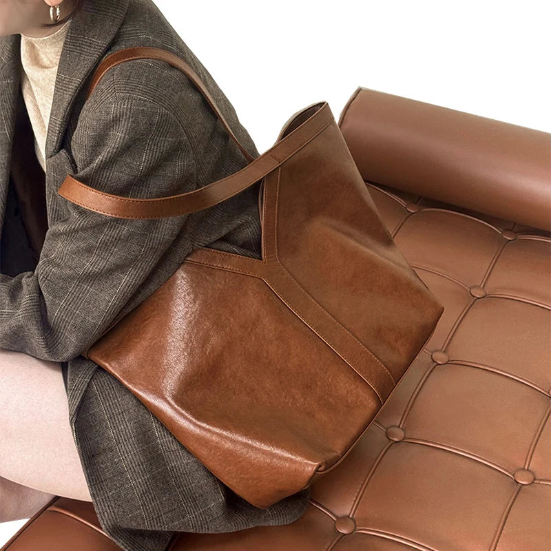 Women's Large Capacity Genuine Tanned Leather Tote Bag - Korean Style Underarm Shoulder Handbag