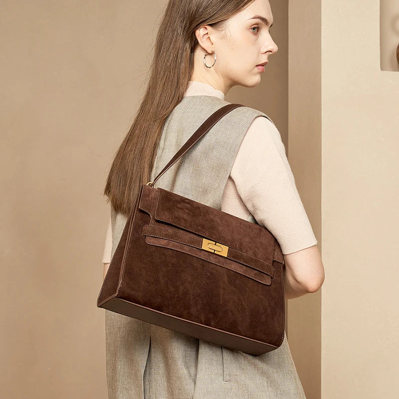 Vintage Suede Leather Shoulder Bag - Spacious Underarm Tote Crossbody