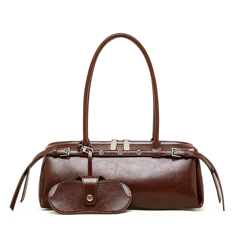 Women's retro baguette bag in coffee — split leather underarm shoulder bag