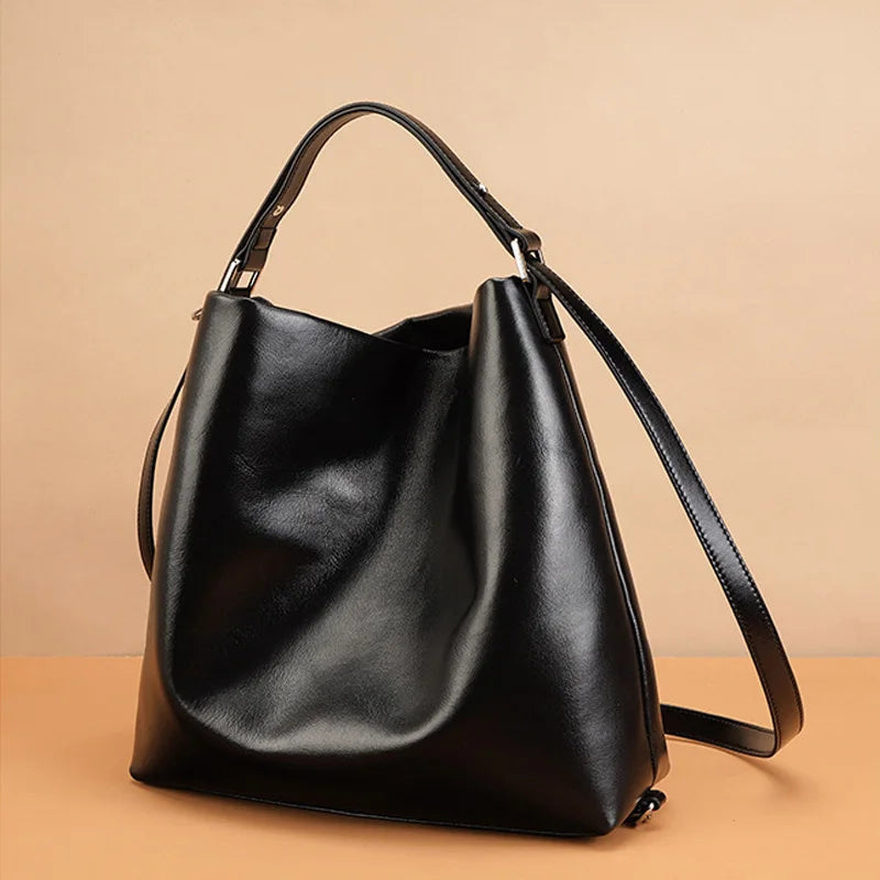 Women's Multifunctional Genuine Leather Bucket Tote Bag - Versatile Shoulder Messenger for Shopping & Commuting